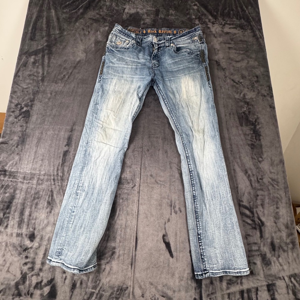 Rock Revival Benjamin Straight Jeans Mens 36 Blue RJ8749T8 Light Wash Denim